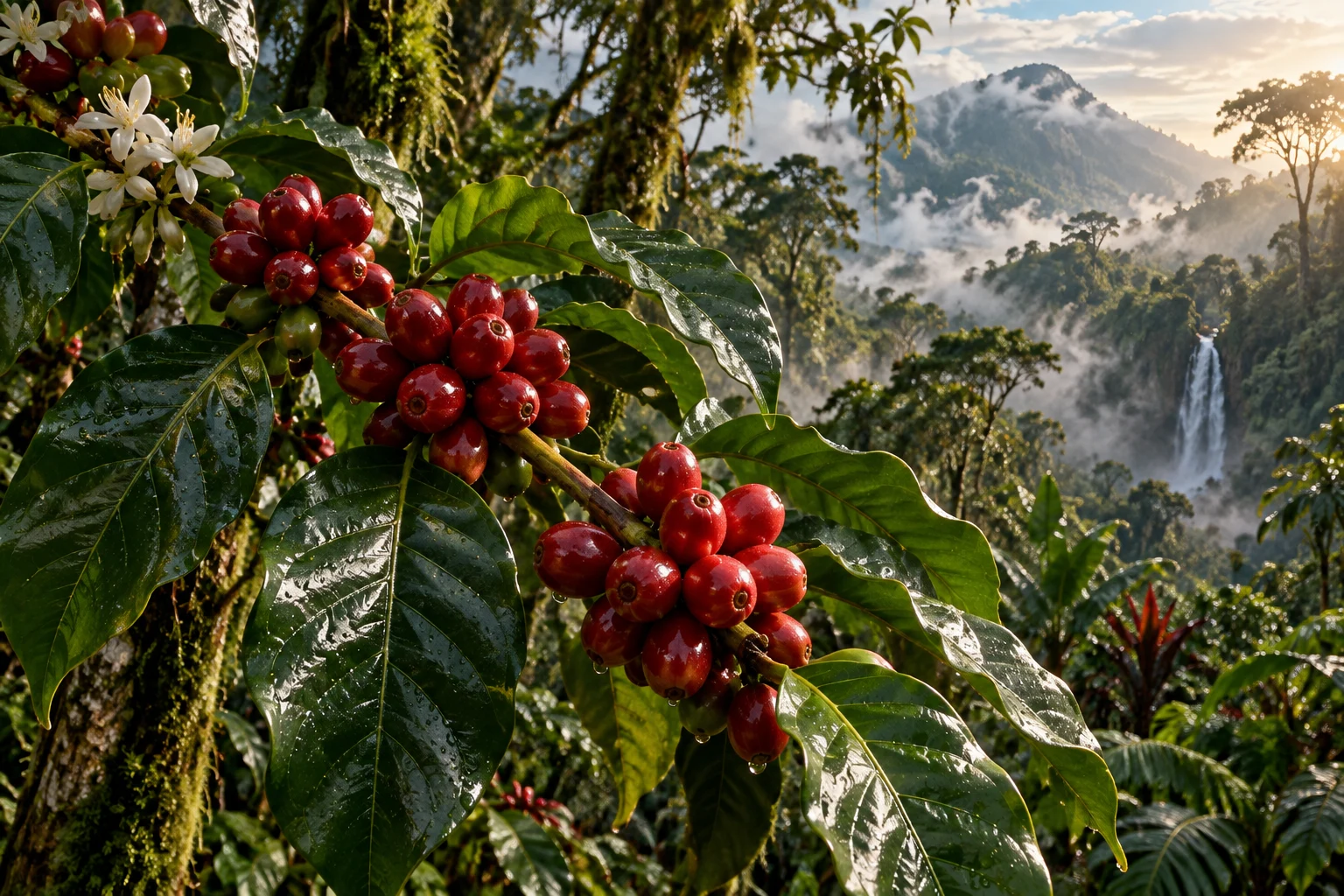 Illustrative Kaffeekirschen und Blätter zur Einführung eines Artikels über Coffea canephora.