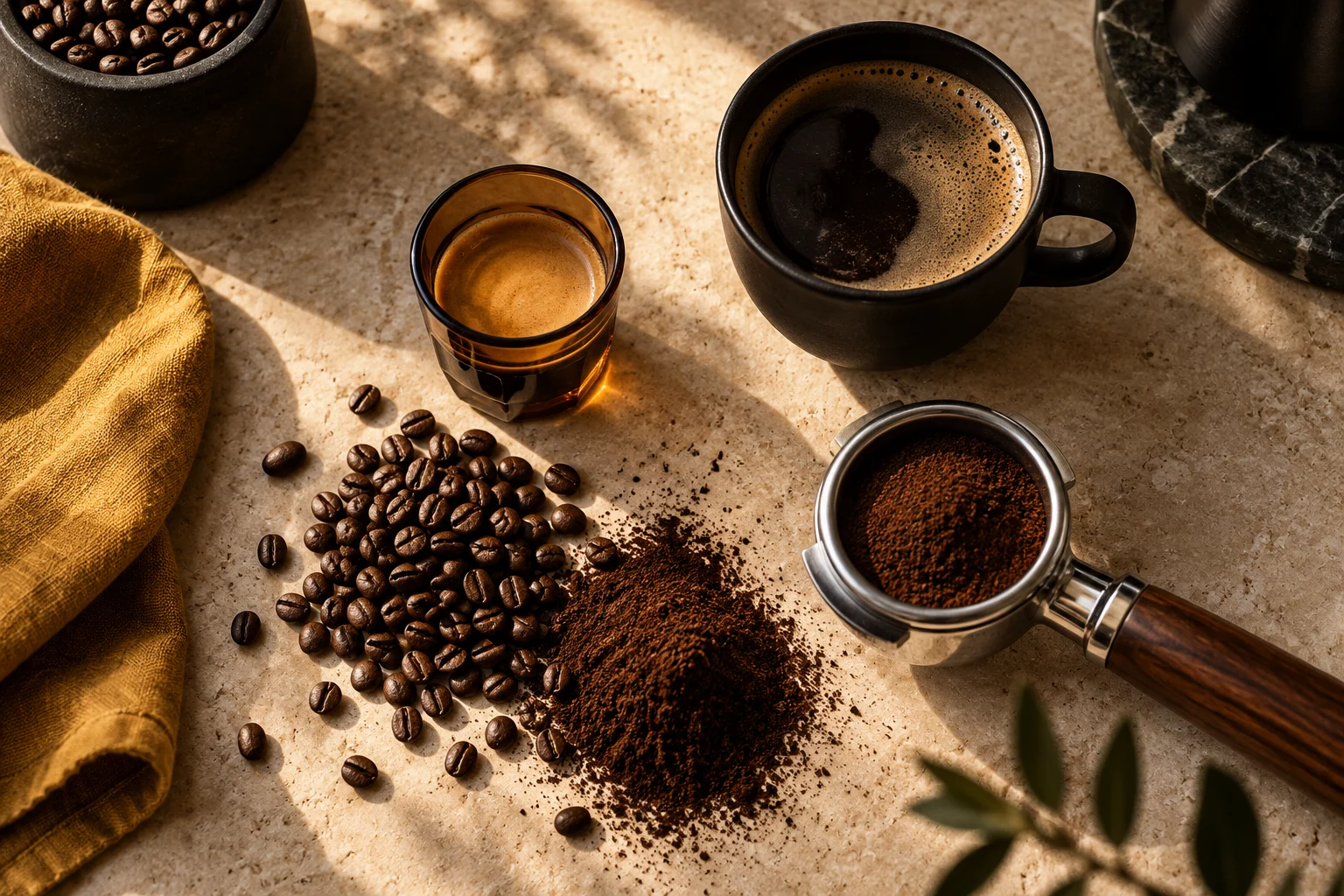 Illustriertes Kaffee-Stillleben mit Espresso, einem Americano und gemahlenem Kaffee