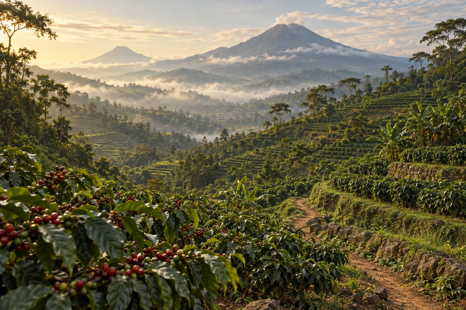 Originalillustration bewirtschafteter Kaffeeterrassen in einer javanischen Berglandschaft