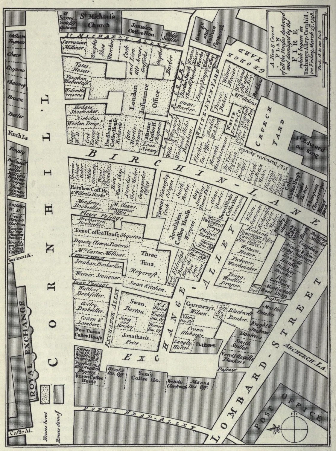 Schwarz-Weiß-Karte mit Kaffeehäusern um Londons Exchange Alley
