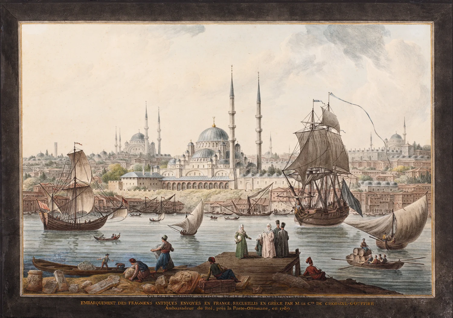 Historisches Aquarell mit Booten und Menschen an Istanbuls Ufer bei Yeni Camii