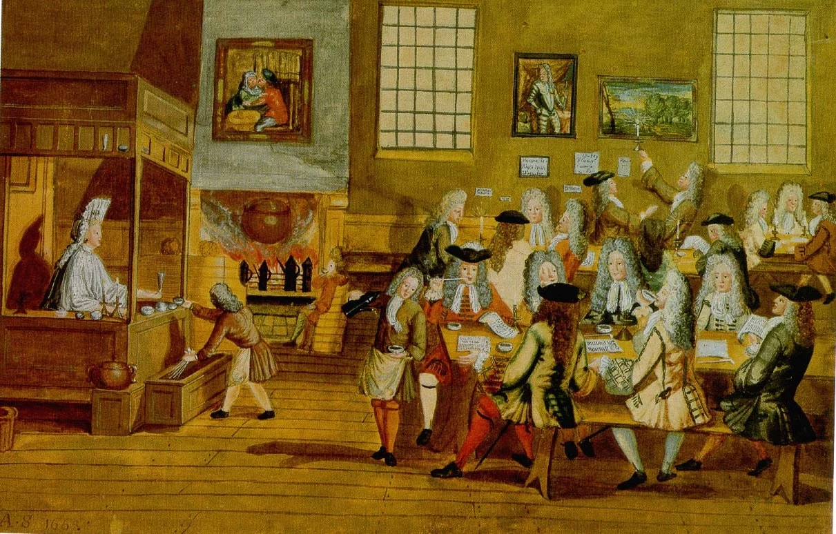 Historische Zeichnung von Männern an Tischen in einem Londoner Kaffeehaus