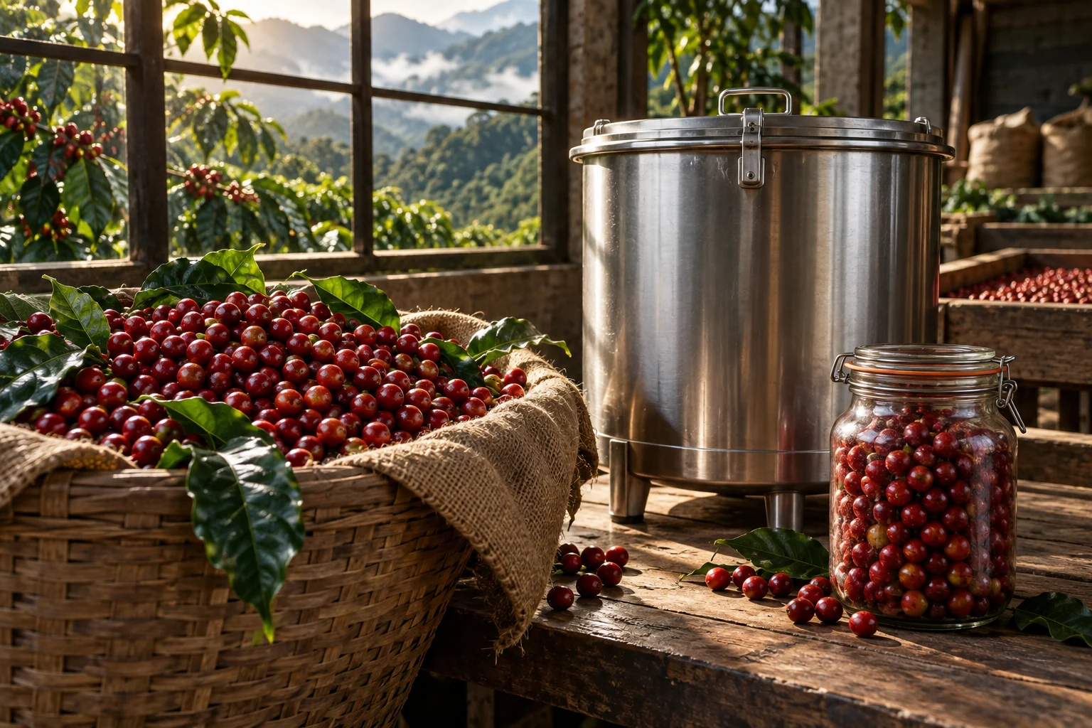 Illustration von Kaffeekirschen neben einem Fermentationsbehälter