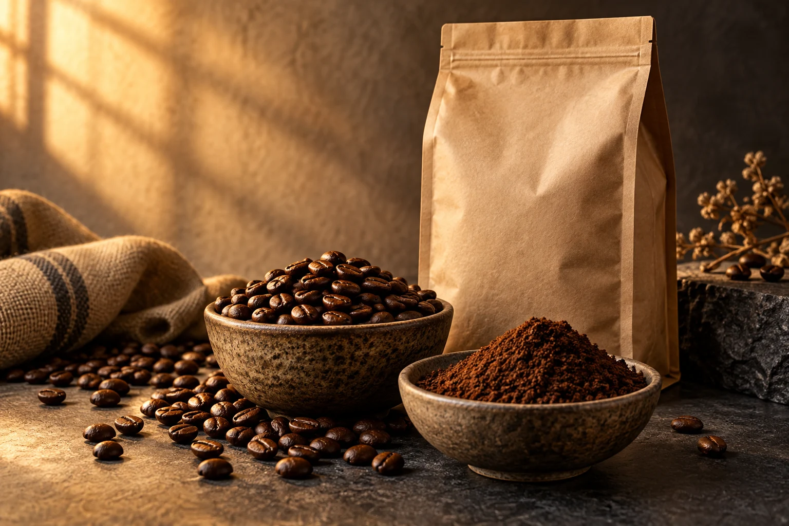 Illustration einer versiegelten Kaffeepackung neben ganzen Bohnen und gemahlenem Kaffee