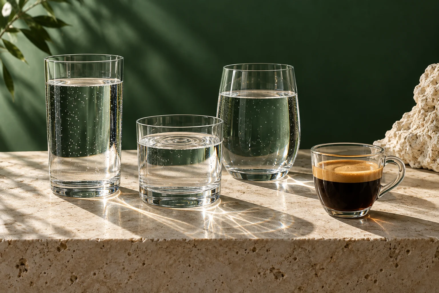 Illustration von Wassergläsern mit gebrochenem Licht neben Espresso
